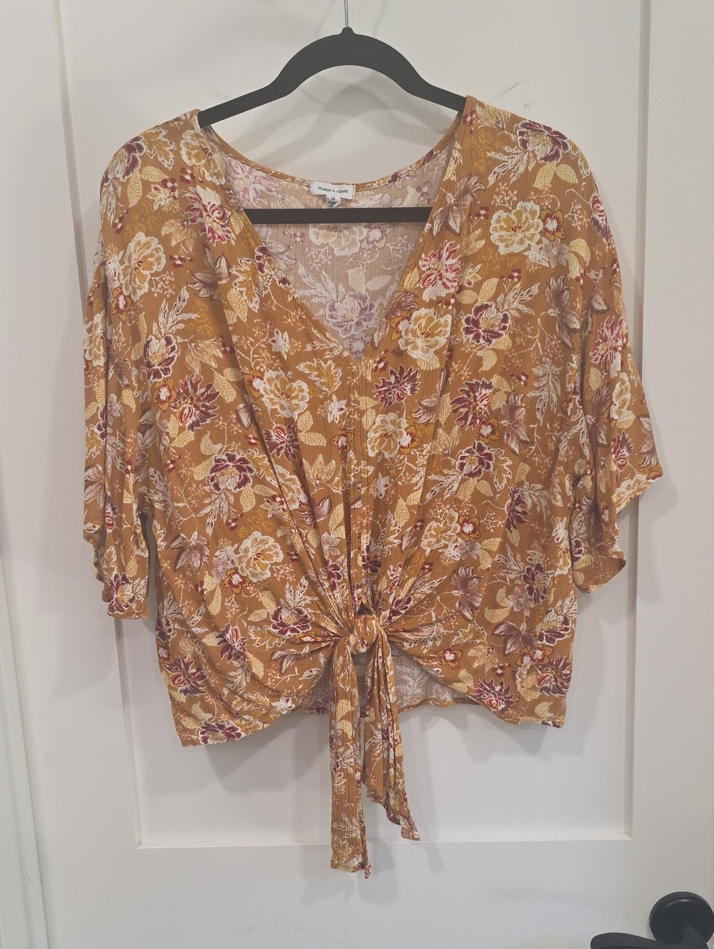 thread & clover Floral Tie-Front Women's Top - Mustard, Sz 1X